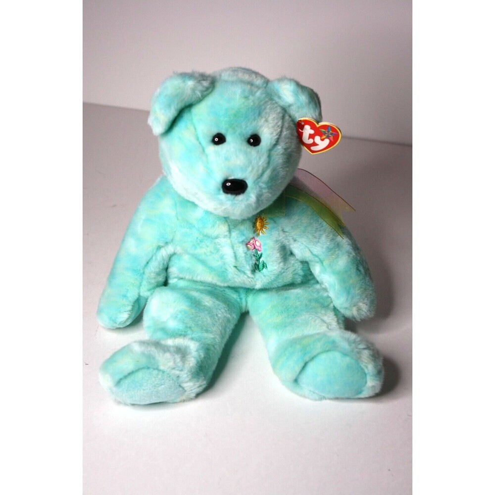 Ariel the Bear 14" Ty Beanie Buddy Turquoise Blue 2001 Flower Pediatric Charity